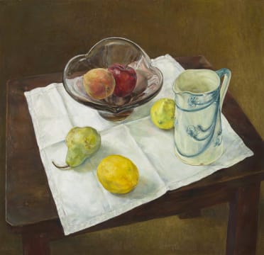 Anne Collins; Still Life with Porcelain Jug and Fruit