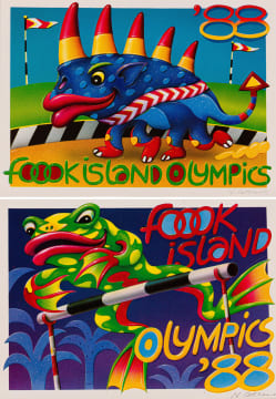 Norman Catherine; Fook Island '88 Olympic Games Postcards: Leapfrog; Rhinocerook, two