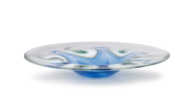 Shirley Cloete; Blue blown glass dish with green and white abstract motifs