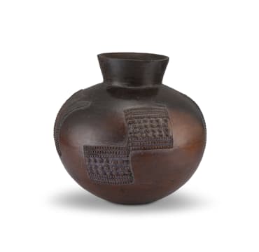 Jabulile Nala; Pit-fired earthenware Uphiso with relief and incised geometric patterns