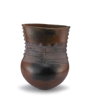 Jabulile Nala; Pit-fired earthenware vessel with shaped neck decorated with relief and incised geometric patterns