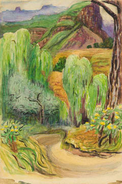 Edith King; Drakensberg Mountains Willows with Roadway (Cathedral Peak)