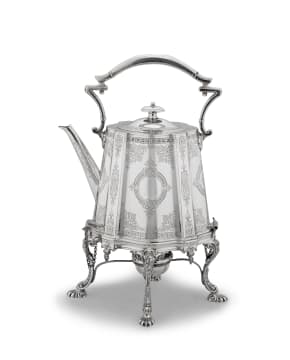 Victorian silver tea kettle-on-stand, Fenton Brothers, Sheffield, 1874