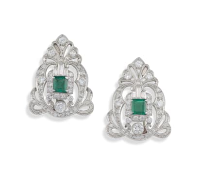 Platinum emerald and diamond brooch clips