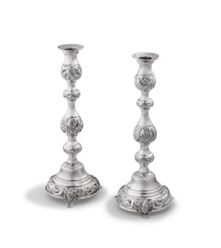 Pair of George V silver Judaica candlesticks, Jacob Rozenweig Taitebaum & Co, London, 1918