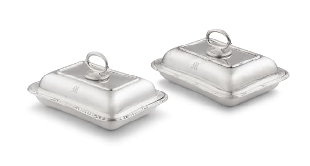 Pair of silver-plated entrée dishes and covers, stamped Butler Sheffield, appears undated
