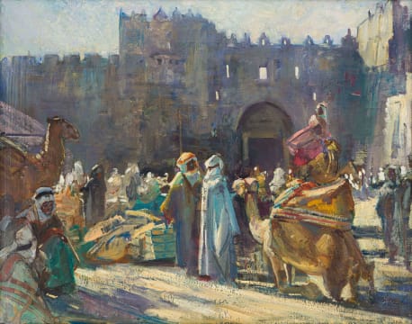 John Henry Amshewitz; Market Square Scene with Figures and Camels