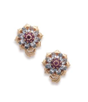 18k yellow gold aquamarine and ruby earrings