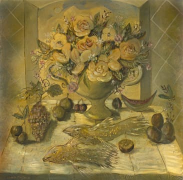 Christo Coetzee; Still Life with Flowers, Fruit and Fish
