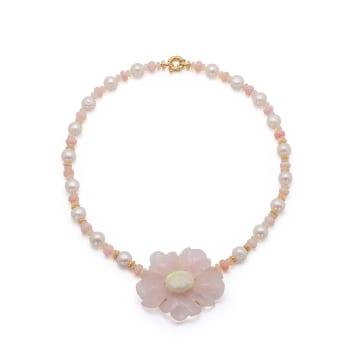 Taz Watson Jewellery; 18k yellow gold rose quartz and opal flower necklace, Taz Watson