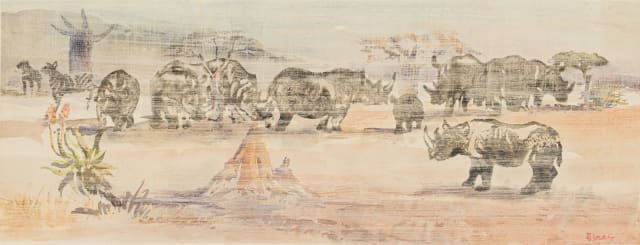 Durant Sihlali; Rhinoceros and Zebra in a Landscape