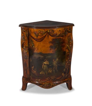 An Adam-style bow-fronted standing corner cupboard, painted and lacquered Rococo style, 19th century