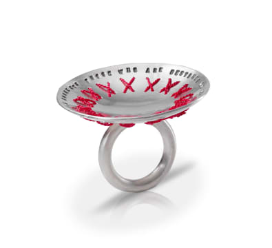 Sharon Botha; Silver ring with woven red cross-stitch thread