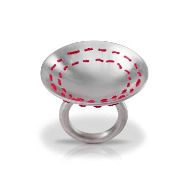 Sharon Botha; Silver ring with woven red running-stitch thread