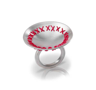 Sharon Botha; Silver ring with woven red cross-stitch thread