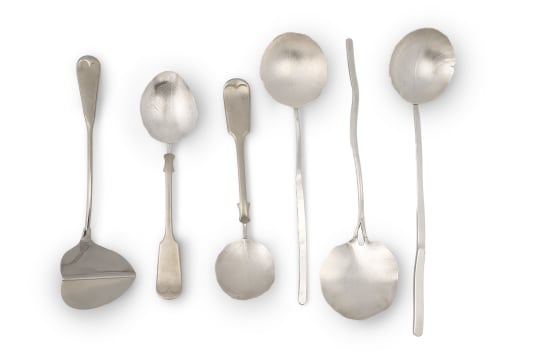 Six Marchand van Tonder silver and plated spoons, South Africa, 2019