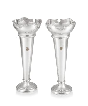 A pair of Edward VII silver vases, maker's mark worn, London, 1904