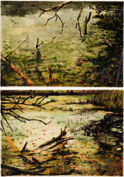 Kim Berman; Red Ribbons on a Pond I, KZN; Red Ribbons on a Pond II, KZN, two