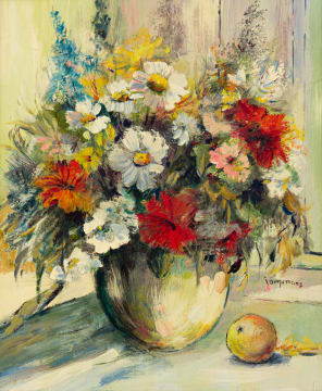 Jan Dingemans; Vase of Flowers and an Apple