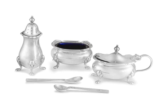 A George V silver mustard pot, salt and pepper pot, Walker & Hall, Sheffield, c.1936