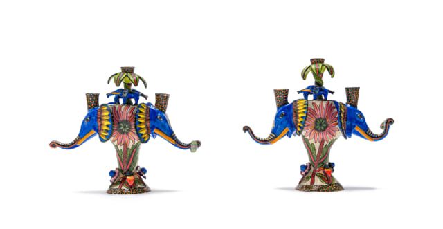 Raphael Njoko & Punch Shabalala; Pair of candlesticks with elephant motif, two