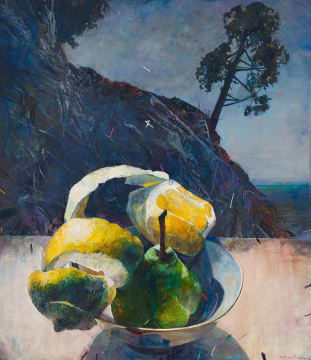 Louis van Heerden; Still Life with Pear and Peeled Citrus