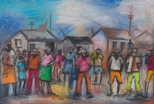 Joe Maseko; Township Scene with Figures