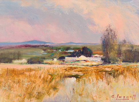 Christopher Tugwell; Farm Landscape with Pink Sunset