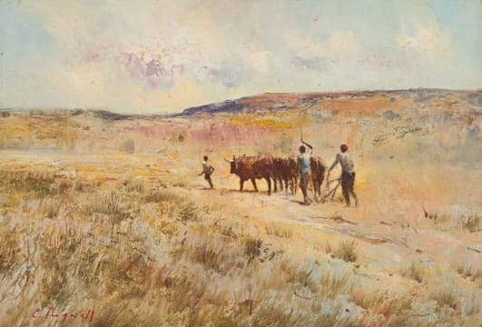 Christopher Tugwell; Figures Ploughing a Field with Oxen