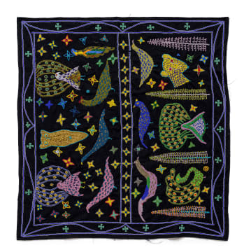 Carey Willis; Embroidered cloth with birds and leopard