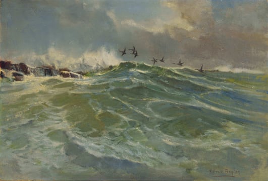 Errol Boyley; Cormorants over a Cresting Wave