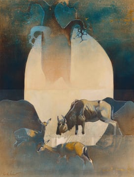 Keith Joubert; Wildebeest and Antelope Beneath a Baobab Tree, diptych