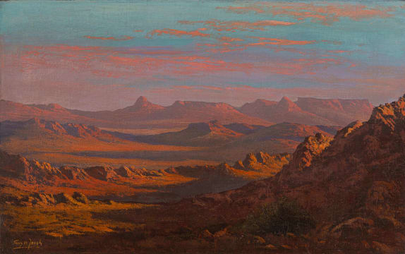 Tinus de Jongh; Mountainous Landscape at Sunset