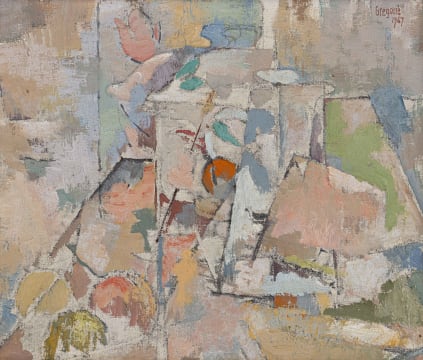 Gregoire Boonzaier; Abstraksie: Wit Beker and Vrugte (Abstract: White Jug and Fruit)