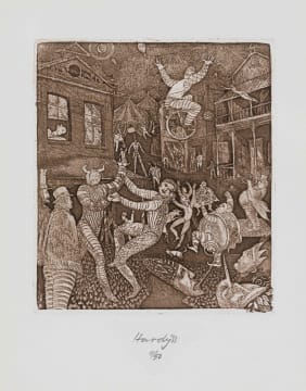 Hardy Botha; Street Scene with Circus Figures