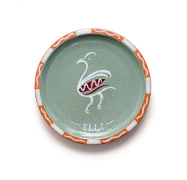 Linn Ware; Plate, painted with bird and 'Elli'