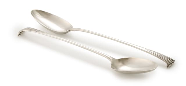 A near pair of George III silver Onslow pattern basting spoons, London, date marks indistinct
