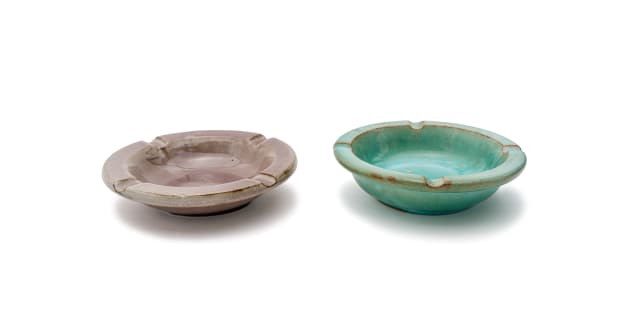 Linn Ware/Ceramic Studio; Turquoise and mauve ashtrays, two
