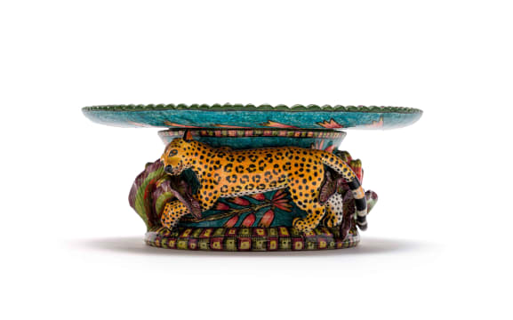 Cake stand with leopard and flower motifs by Moshe Sello, George