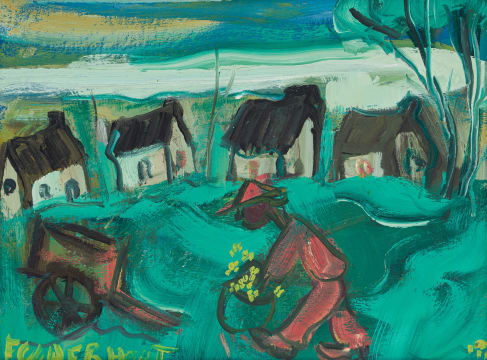 Frans Claerhout; Man with Cart and Cottages