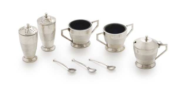 A George VI silver condiment set, Sanders & Mackenzie, Birmingham, 1939