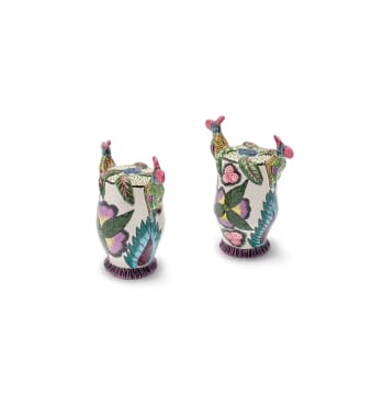 Ardmore Ceramic Studio; Salt and pepper holders with bird and flower decoration, two