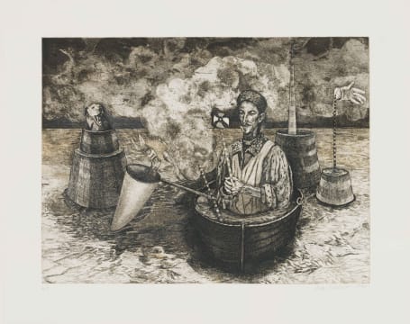 Judy Woodborne; Surreal Scene with Man in Boat