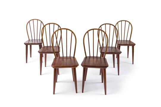 E.E. Meyer; Set of six oak and imbuia 'Windsor' dining chairs for Binnehuis, South Africa