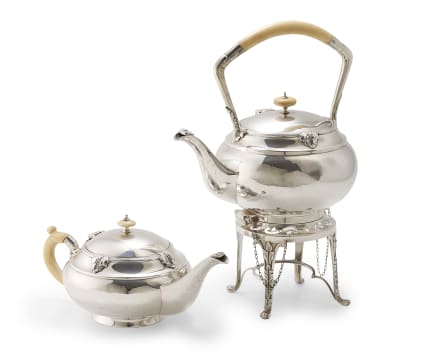 A George V silver kettle-on-stand and a teapot, William Hutton & Sons Ltd, Sheffield, 1927 and 1931
