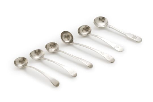 Six George III silver mustard spoons, Christopher & Thomas Wilkes Barker, 1803, and others