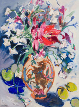 Aileen Lipkin; Still Life with Vase of Flowers and Fruit