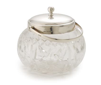 An Elizabeth III silver-mounted cut-glass biscuit barrel, Mappin & Webb, Sheffield, 1960