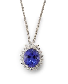 Browns the Diamond Store; Tanzanite cluster pendant and chain, Browns