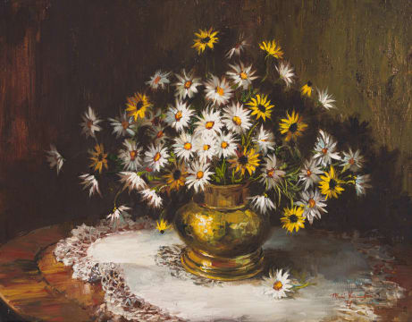 Mari Vermeulen-Breedt; Still Life with Daises in a Brass Pot